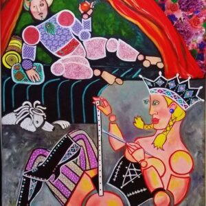 The Artist and Her Model with Rose Curtain