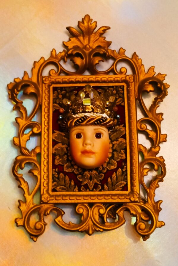 Baby ZaZa in Golden Frame- One of a Kind, Porcelain and Brass $320